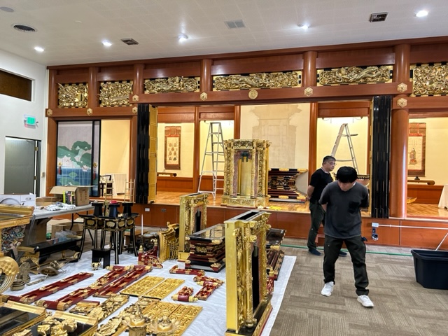 Altar pieces moved to the floor for inspection and cleaning